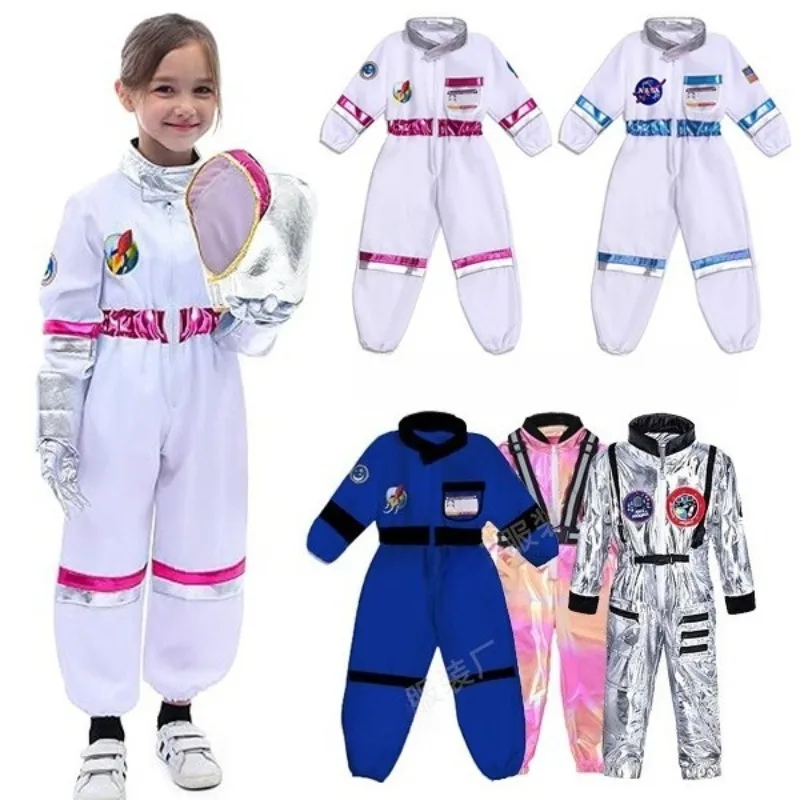 Astronaut Cosplay Spacesuit Costume Jumpsuit Workwear Uniform White Bodysuit with Hood Gloves Full Set for Girls Boys view 2