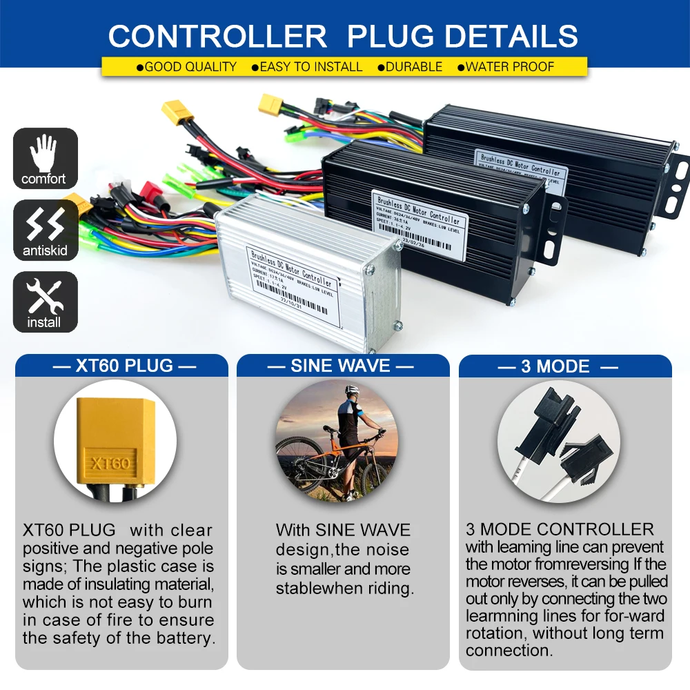 Ebike Three-Mode SineWave Controller 250-2000W Brushless Controller 36V48V 17/26/30/40A with Learning Function for Electric Bike