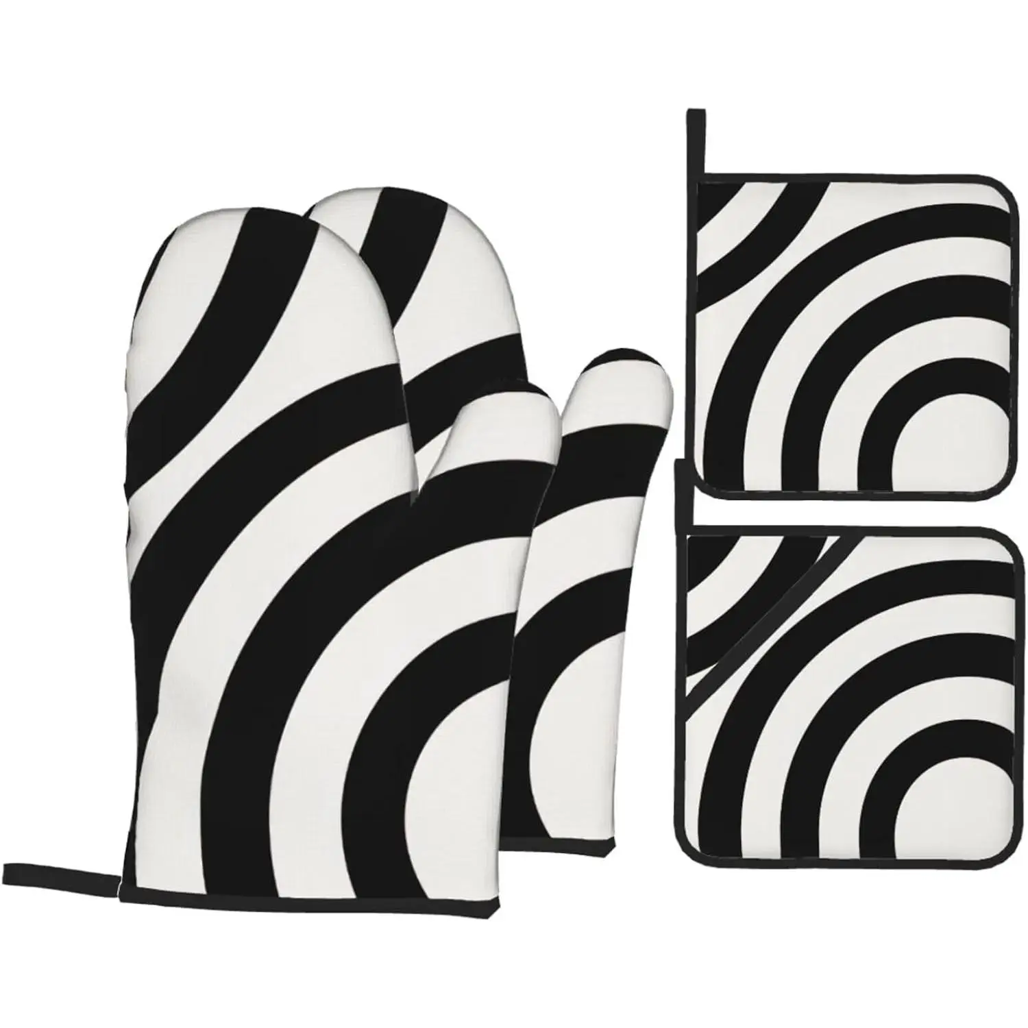 Arcos abstractos modernos de mediados de siglo, guantes de horno resistentes al calor de 4 piezas en blanco y negro y cubierta de mango, accesorios de cocina para hornear