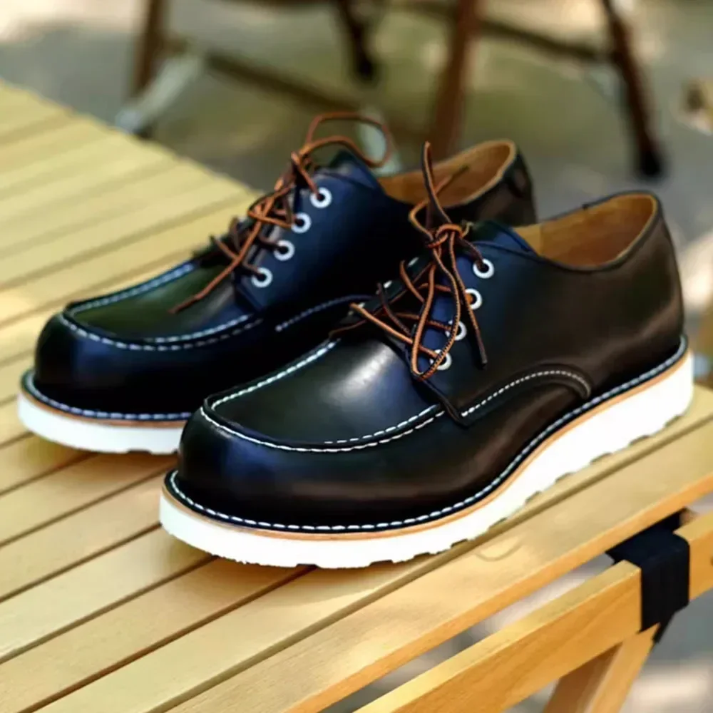 Fashion Genuine Leather Ankle Boots Moc Toe Work Boots for Men Goodyear Welted Non-Slip Durable Breathable Oxford Shoes