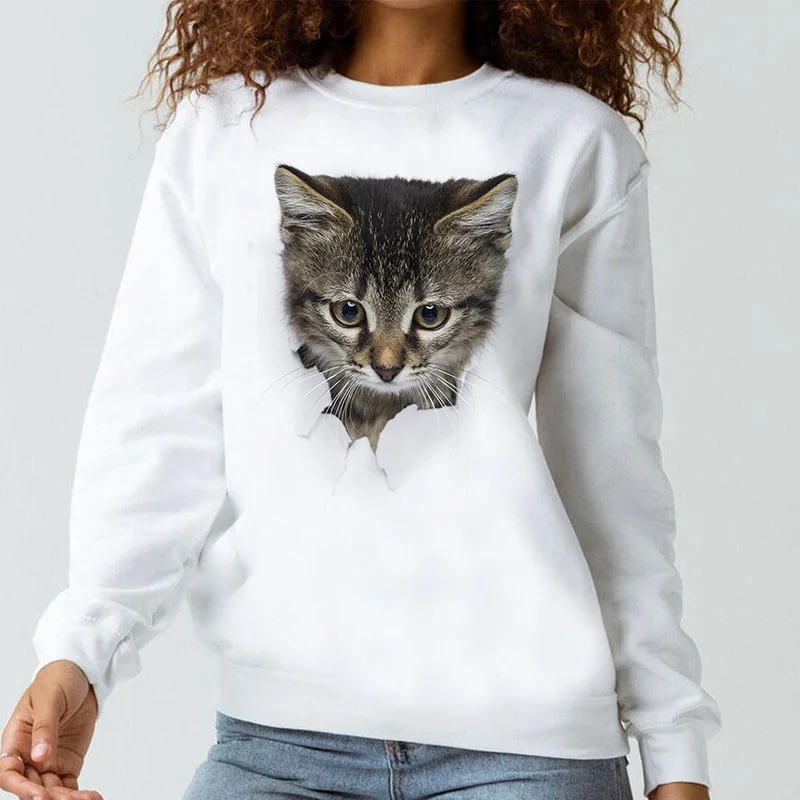 Boys Girls 3D Crack Paper Kitten Print Crewneck Sweatshirt Long Sleeve Casual Loose Kids Fashion Pullover Tops