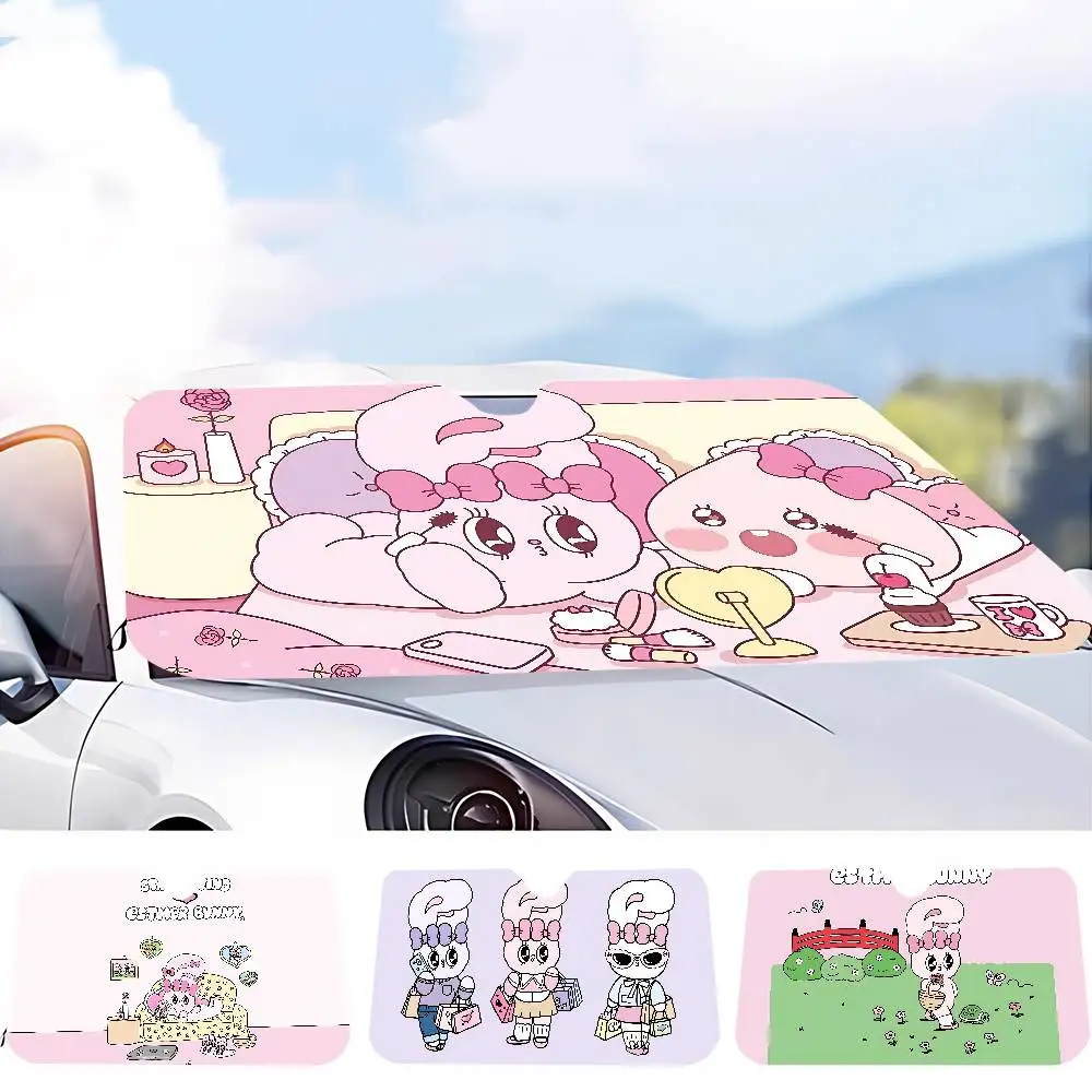 

Bunny Cute Pink Sunshade Windscreen 3D Film Plaid Gift Novelty Car Front Window Visor 70x130cm Sun Visor Solar Protect