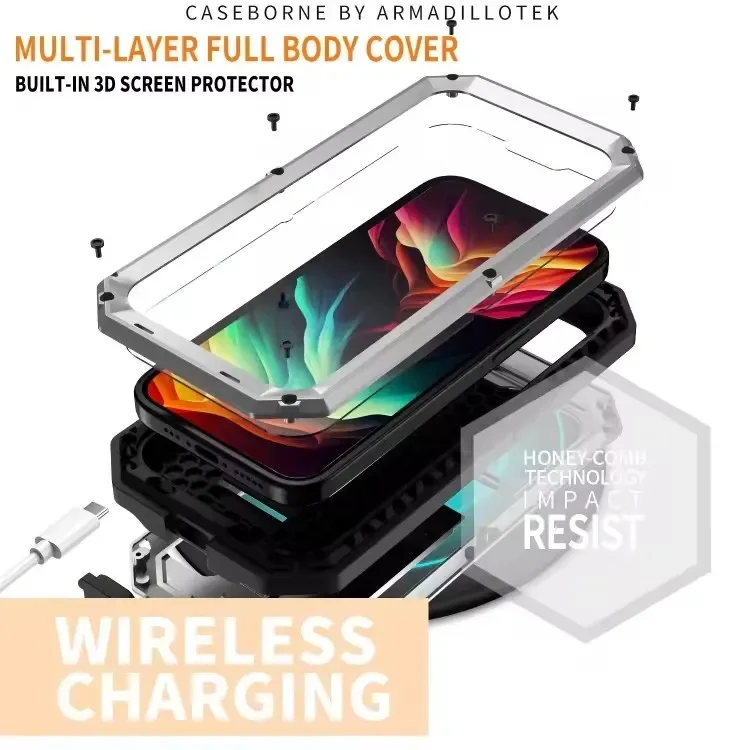 

360 Protection Heavy Metal Armor Case For iphone 16 Pro 15 14 Pro Max 16 15 14 Plus Shockproof Stand With Glass Case Cover Funda