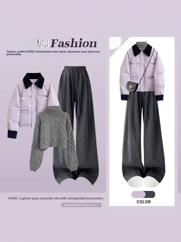

Autumn Winter Women's Collar Color Blo Cotton Jaet High Collar Sweater Wide Leg Pants Set Slimming Meat Covering Com...