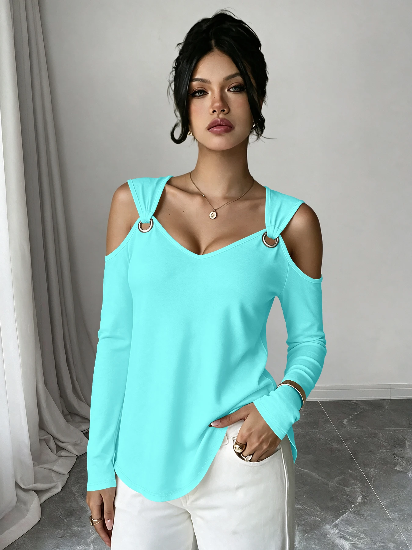 Women V‑Neck Cold Shoulder Long Sleeve Top Metal O‑Ring Decor High Stretch Soft Lightweight Fabric Curved Hem Loose Fit Party Go