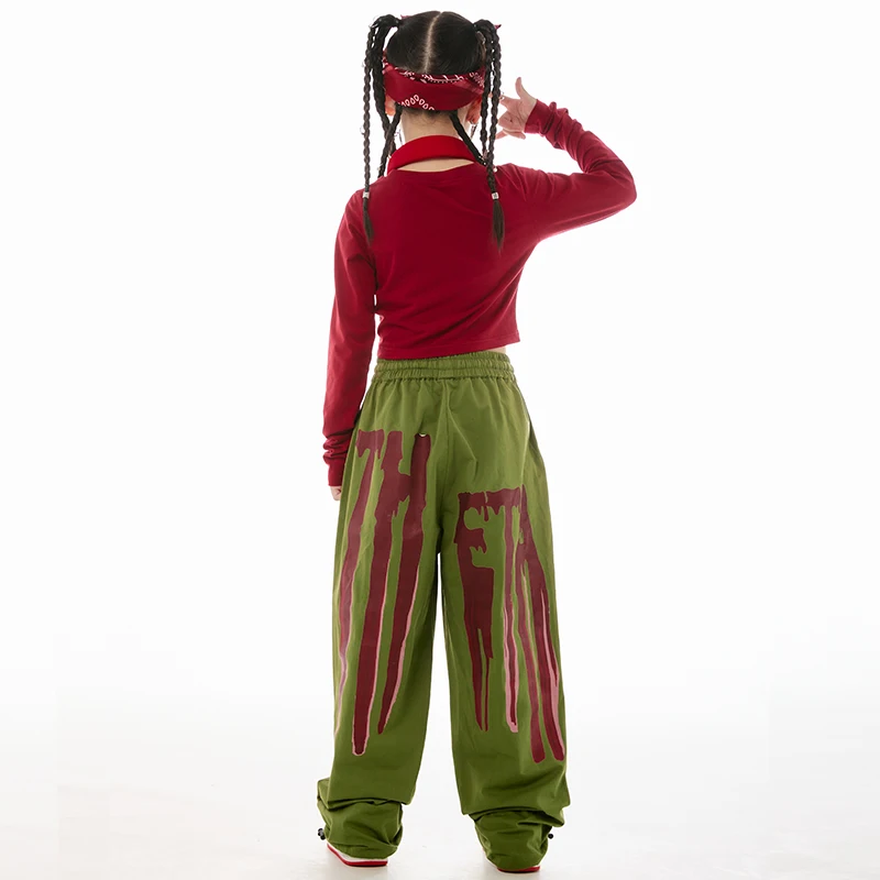 Bambini Modern Jazz Dance Costume Hip Hop abbigliamento per bambini maniche lunghe top rossi pantaloni verdi Street Dance Practice Wear inverno BL11895