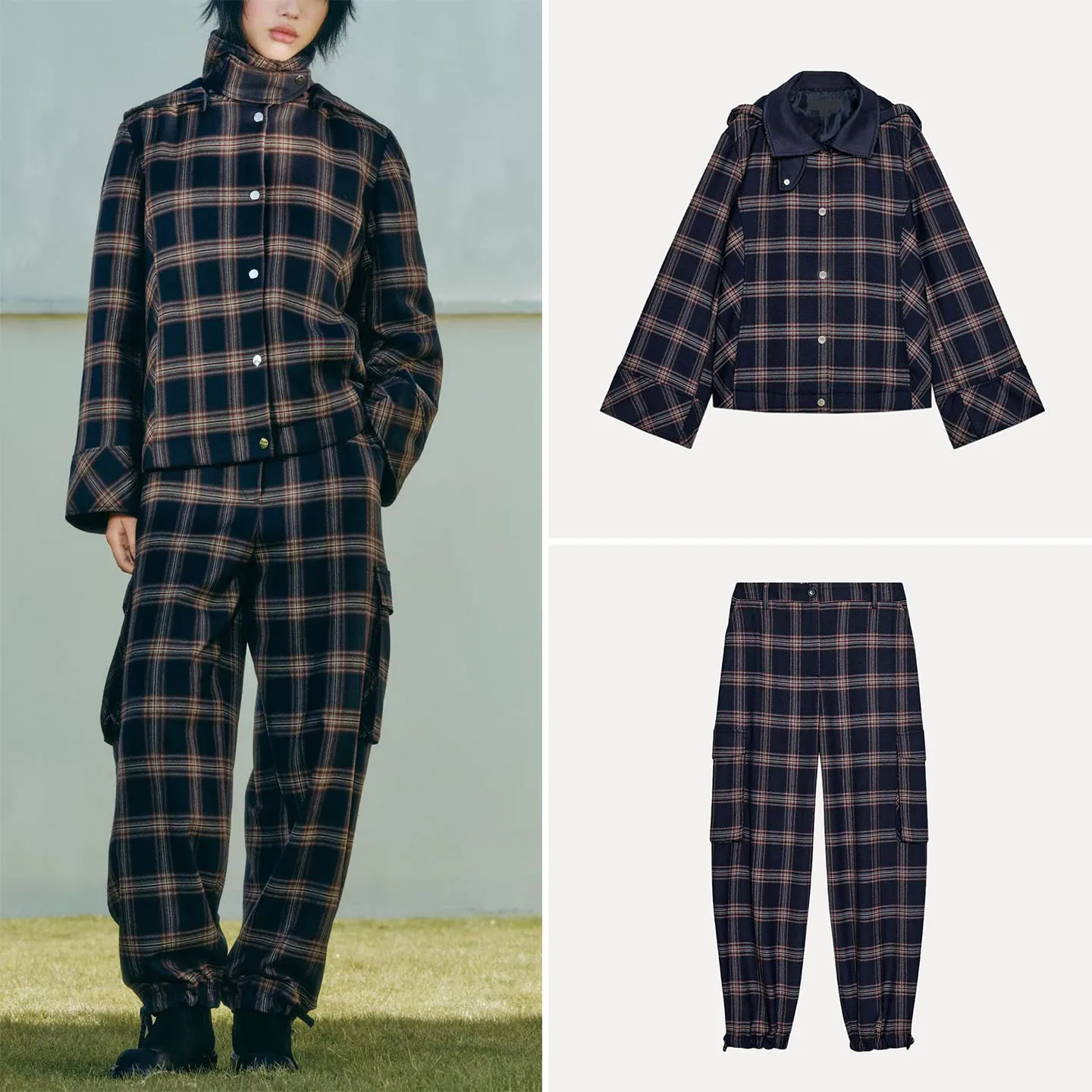 

Z 2025 Autumn Winter Women's Plaid Hooded Jaet Coat And Work Pants Two-Piece Set Casual Sle Long Sve ort Coat