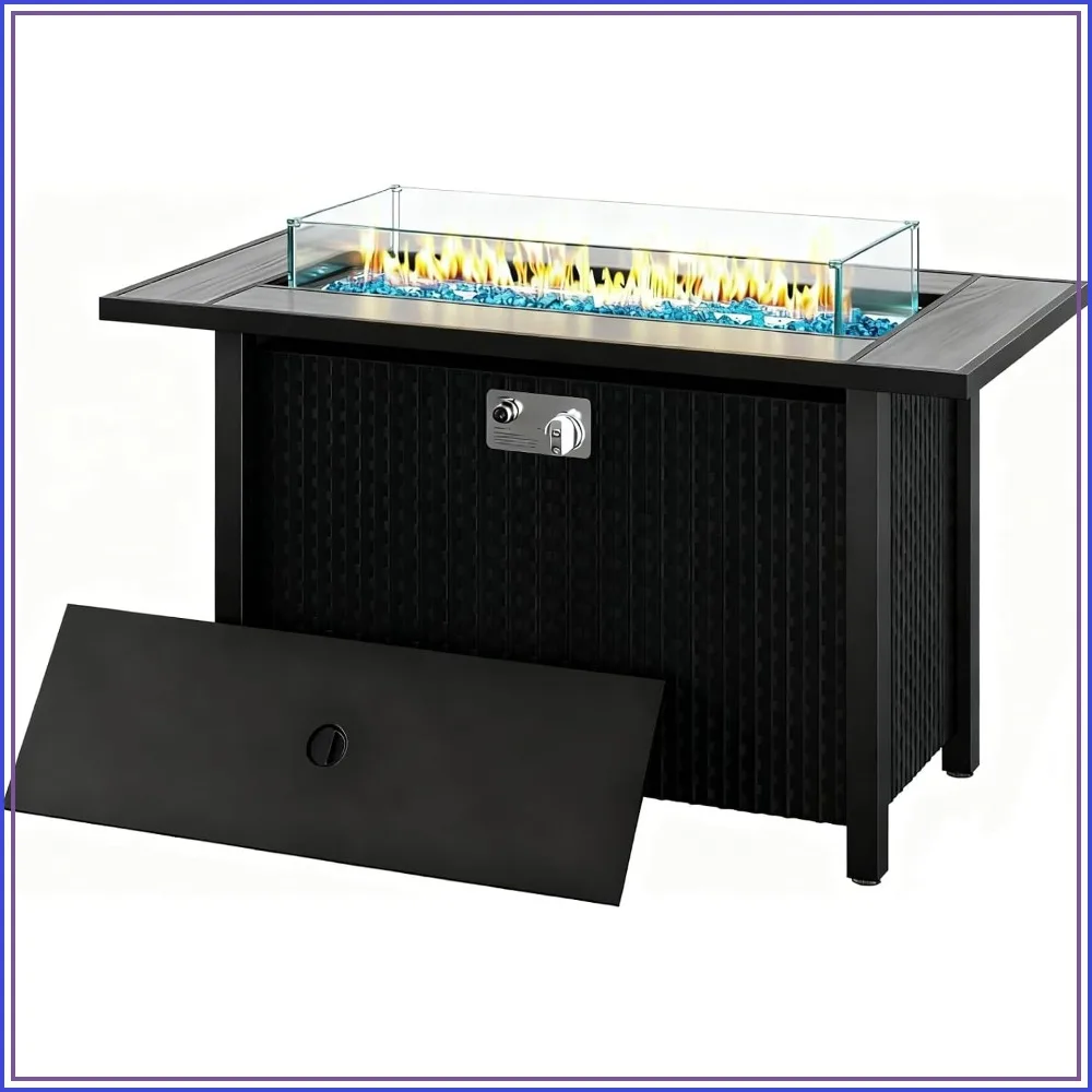 45 Inch Propane Fire Pit Table, 50,000 BTU Outdoor Gas Firepit Dining Table with Glass Wind Guard