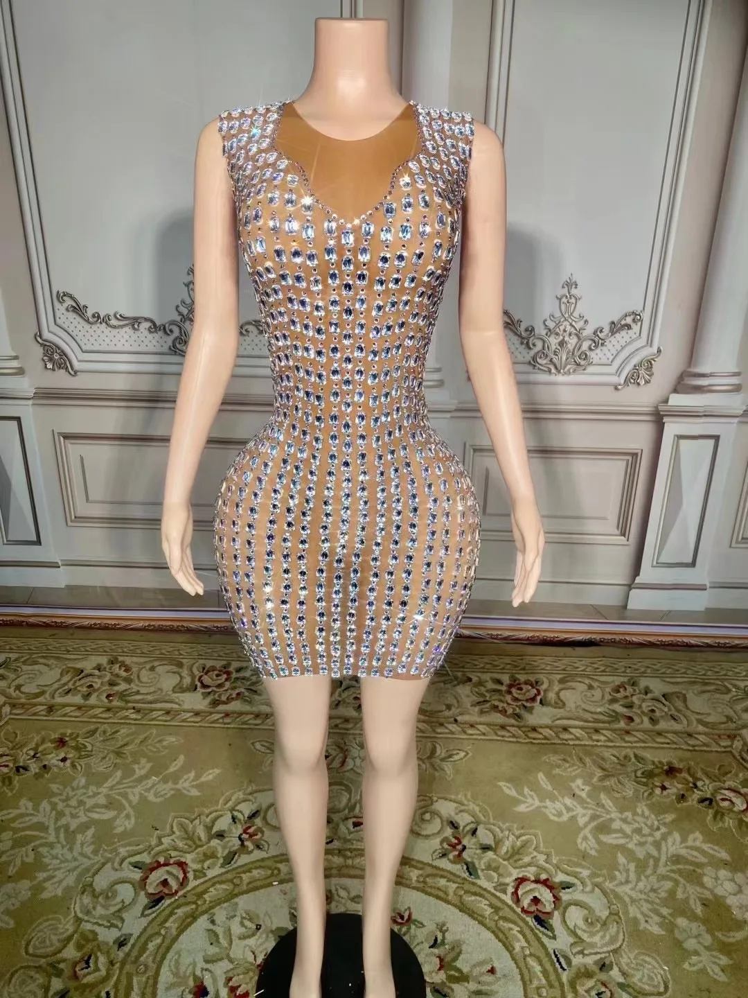 Sparkly Crystals Brown Mesh See Through Sleeveless Short Dress for Women Sexy Celebrate Evening Party Birthday Dress