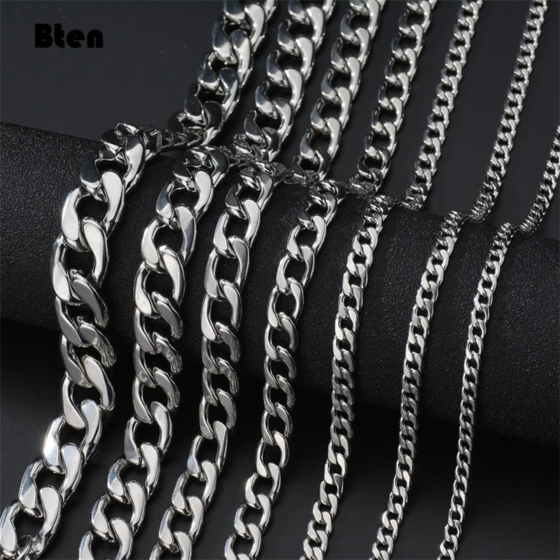 BTEN 1 piece Width 3mm/5mm/7mmCurb Cuban Link Chain Necklace for Men Women Basic Punk Stainless Steel Chain Chokers