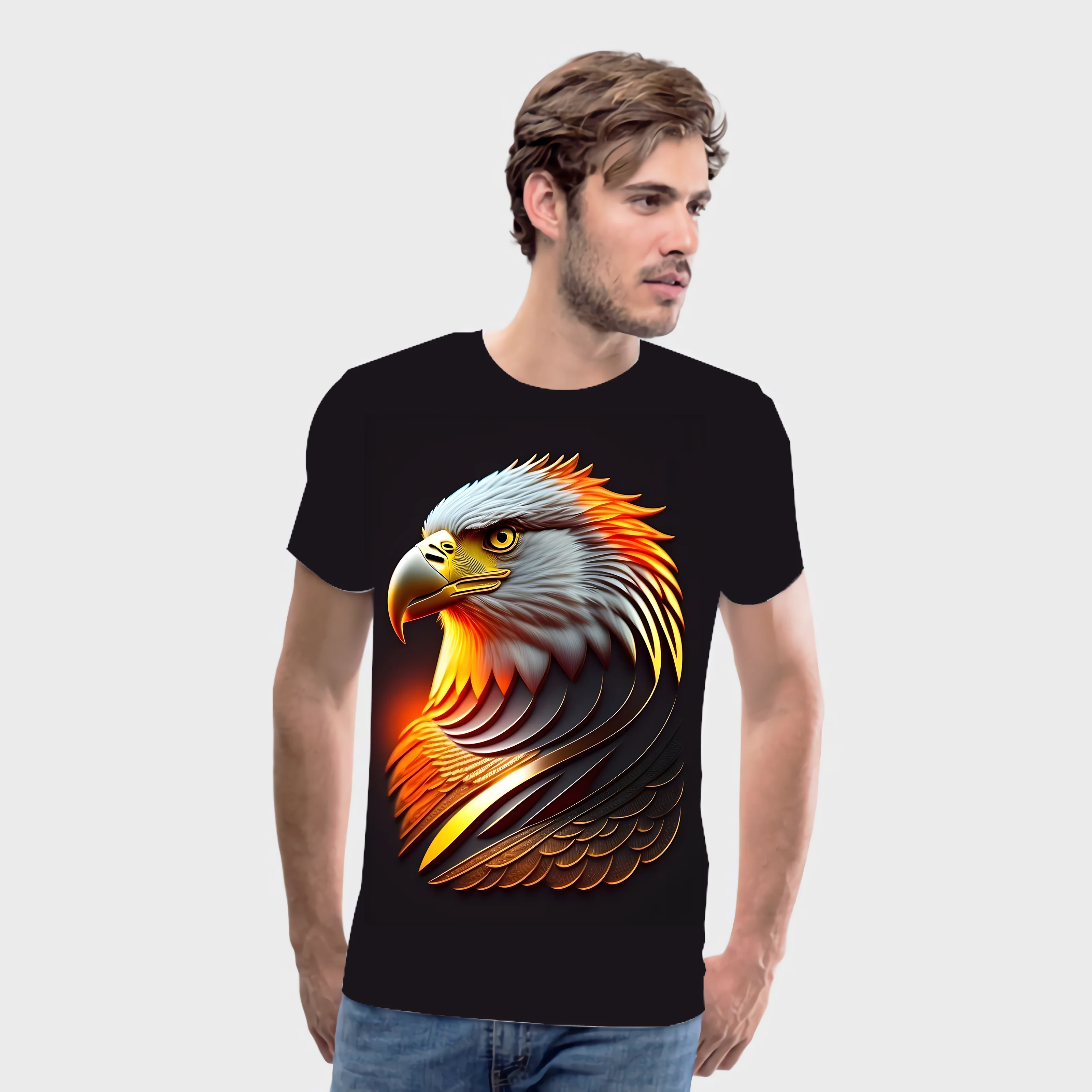 

Animal pattern men's 3D digital printing eagle elements short-sleeved casual T-shirt round neck fashion commuter street style
