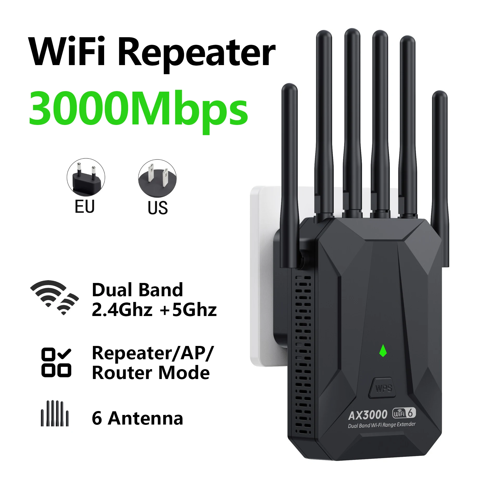 WiFi 6 3000Mbps Wireless Repeater Dual Band 2.4Ghz 5GHz WiFi Extender Wi-Fi 6 Amplifier Long Range Signal Expansion Booster