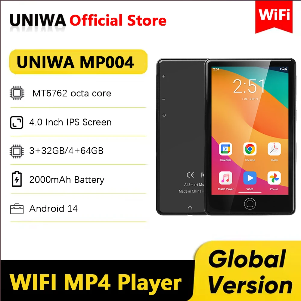 UNIWA MP004 MP4 Player Android 14 with Bluetooth and WiFi 4 Inch 3+32GB/4+64GB 2000mAh MP3 MP4 Players FM Radio Whatsapp YouTube