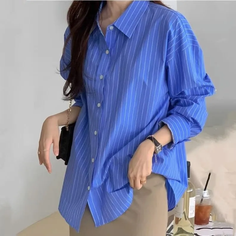 Blue Striped Casual Long Sleeve Shirt Women's Loose Fit Vintage Style Autumn Fashion Polyester Fiber Versatile All Match Shirt