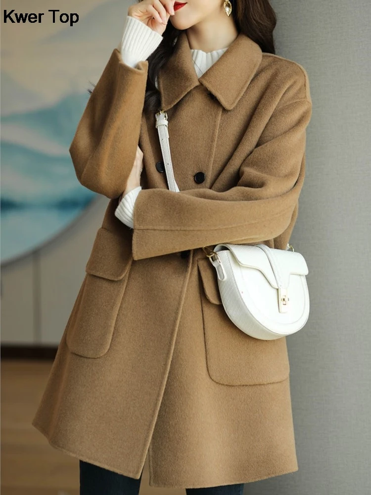 Autumn Winter New Solid Woolen Coat for Women Korean Style Loose Warm Petite Jacket Female Casual Simple Overcoat