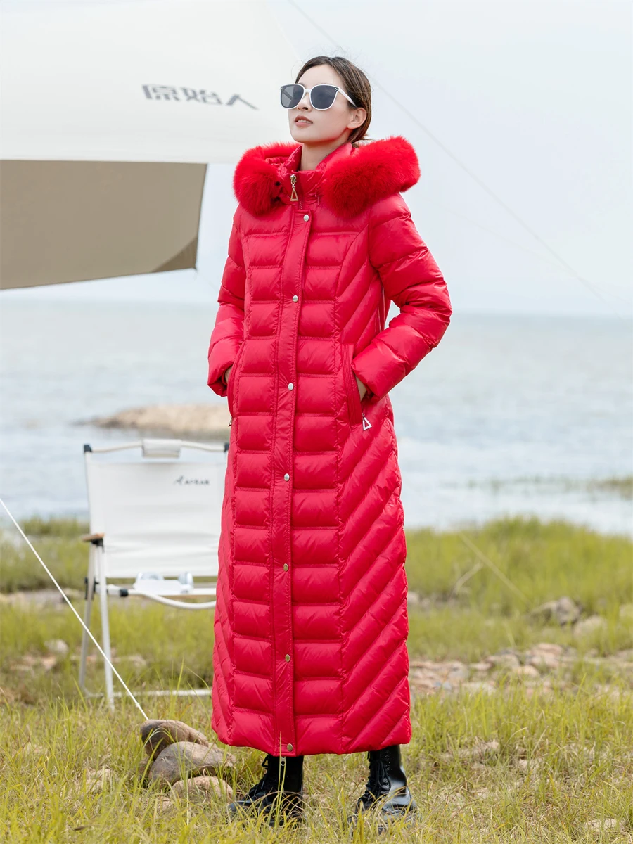 

Women 2023 Winter New Long Fur Collar Down Jackets Female Loose White Duck Down Coats Ladies Thicken Warm Hooded Overcoats Q497