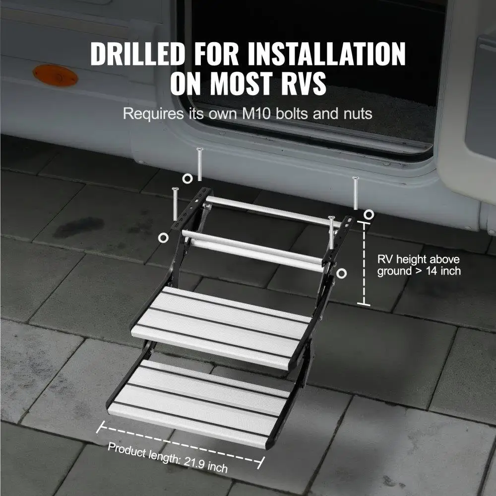 RV Steps 2 Step Manual Retractable Folding Aluminum Alloy Steel  Non-Slip 440 LBS Load Capacity for RV Trailer Camper