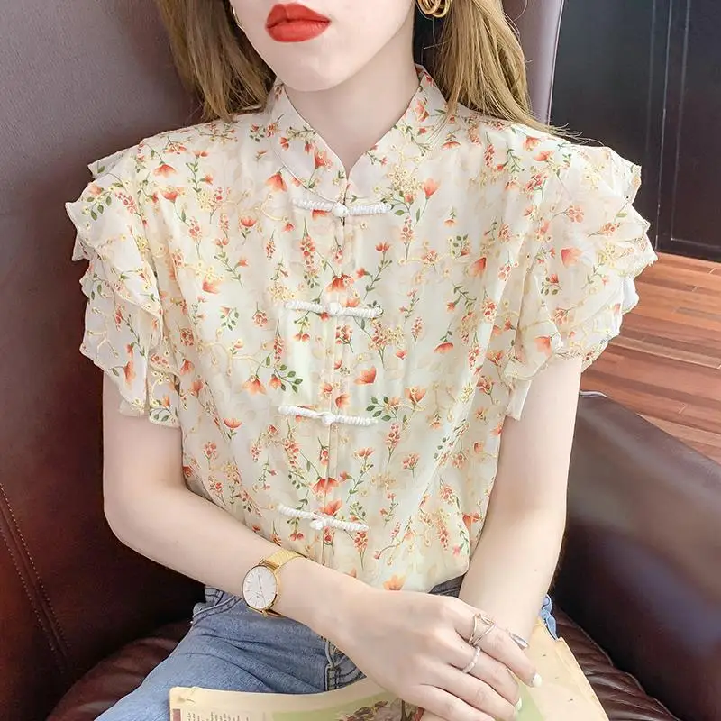 New Women's Fashionable and Elegant Printed Chiffon Shirt Top Buckle Floral Chiffon Small Fragrance Style