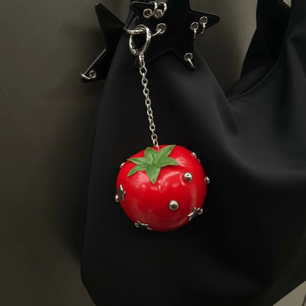 Creative Y2K Simulation Fruit Keychain Lolita Metal Star Rivet Bag Charm chili pepper Pear Pu Fruits Bag Pendant Key Ring