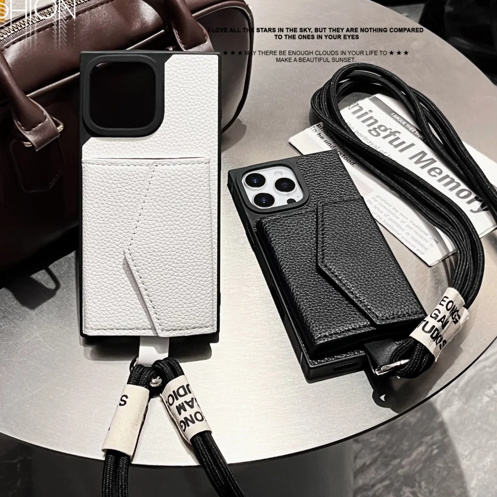 Casing Ponsel Saku Dompet Kartu Tas Kulit Modis untuk iPhone 16 15 14 13 12 11 Pro Max Sampul dengan Tali Penyandang