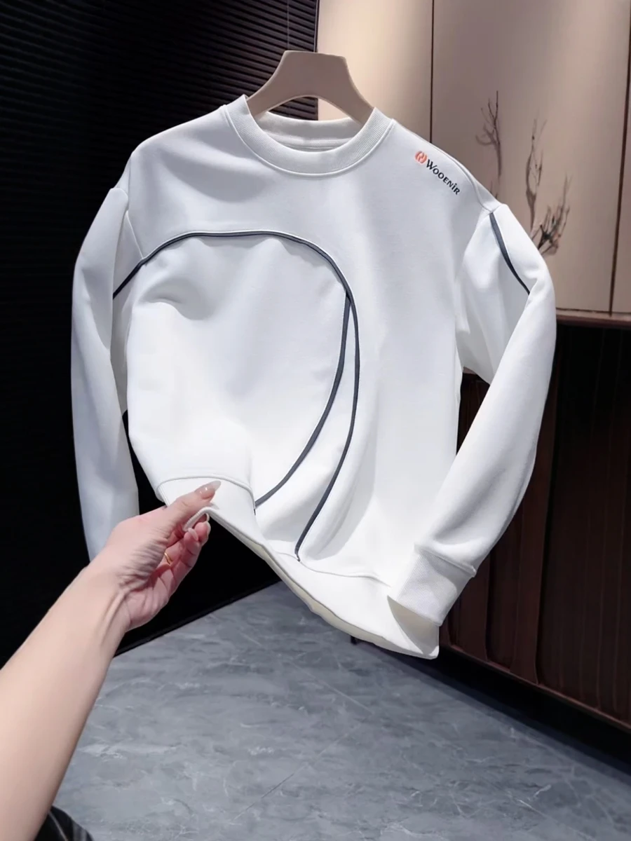 

Модный повседневный мужской свитшот на весну-лето, новинка, высококачественный топ с длинными рукавами и круглым вырезом, с полосатыми вставками