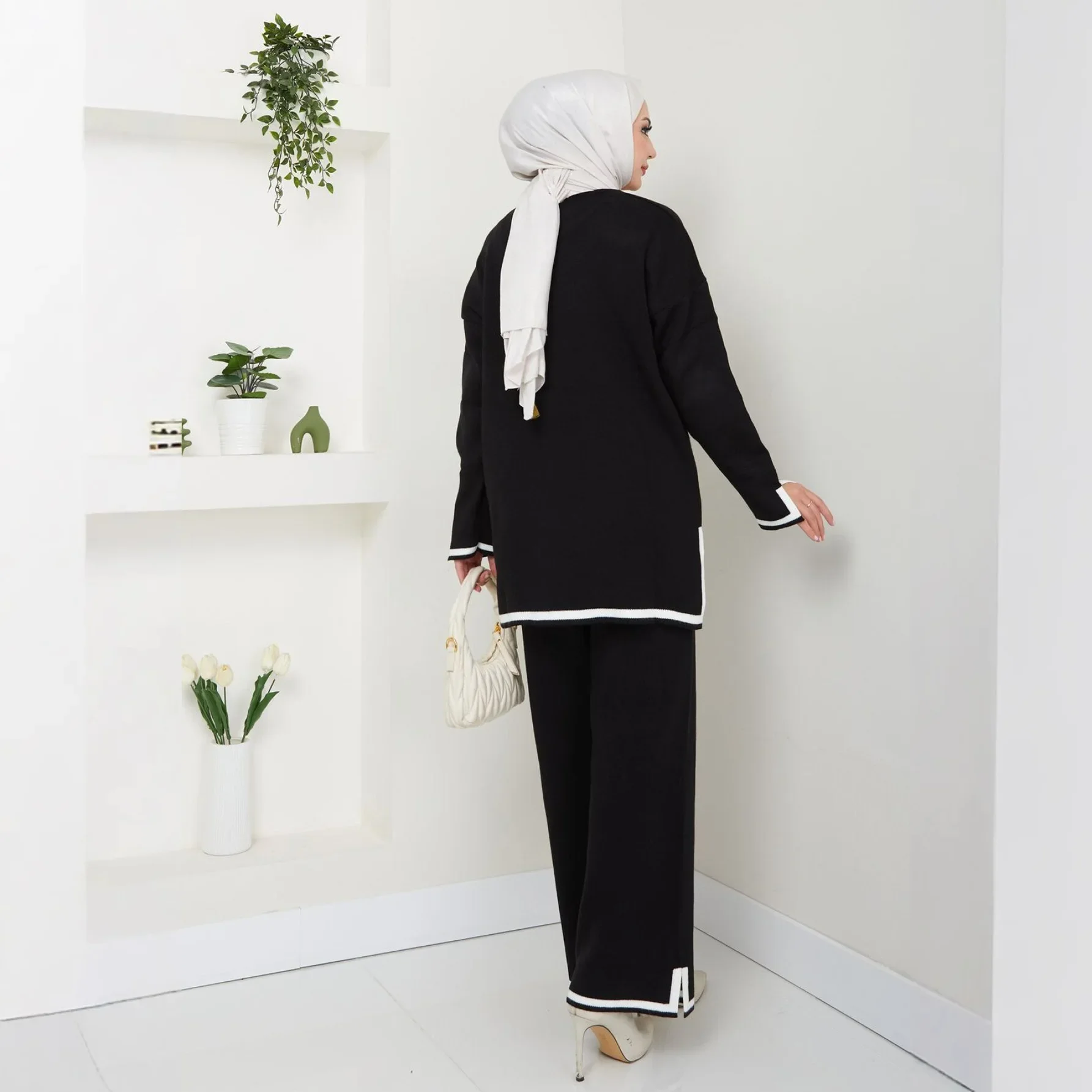 Ramadan Dzianinowy Sweter Zwykły 2-częściowy Abaya Zestaw Topy Spodnie Skromny Muzułmański Zestaw dla Kobiet Islam Caftan Robe Femme Musulmane Kaftan