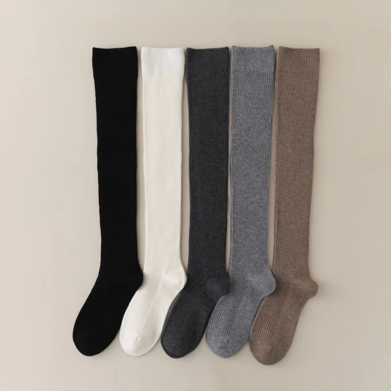 Autumn Winter 100% Wool Over-the-Knee Women's Socks Simple Warm Seamless 60CM Knitted Long Socks Solid Color Comfortable