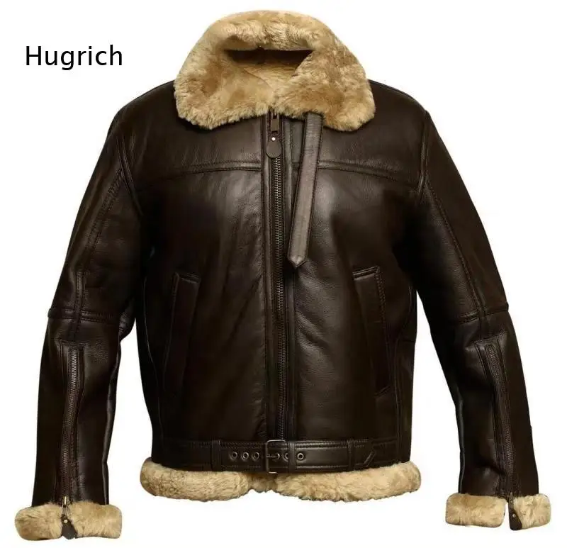 Fashion Men Faux Leather Pilot Jacket Furry Shearling Collar Zip Front Belted Winter Bomber Outer Coat