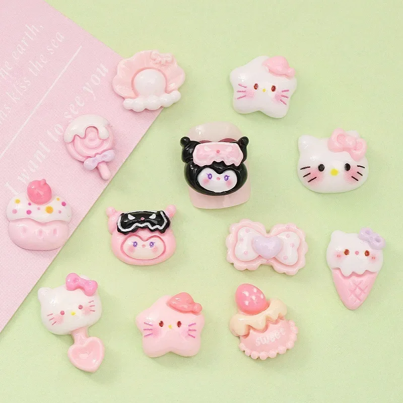 20Pcs Cartoon Hello Kitty Nail Accessories Pink and White Series Commemorative Gift Designed for Girls for Nail Accessories