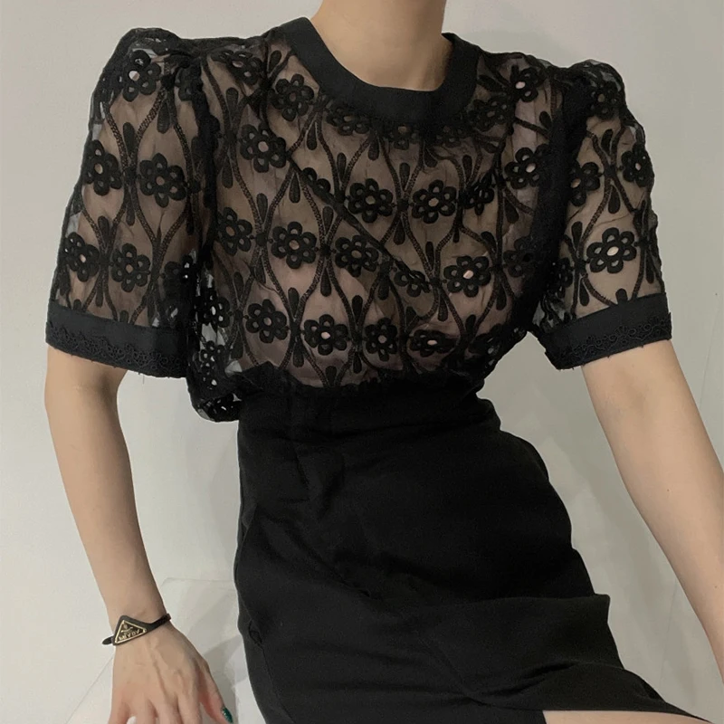 Ele round Ne Haftowana Koronka Luźna Damska Sukienka Bubble Sve z Krótkim Rękawem Letnia Moda Wysoki Stan Krótki Top Casual