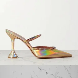 Korean Version of The Trendy Half-slip Women's Shoes with Rhinestone Satin Wine Glass Heels Baotou Slippers