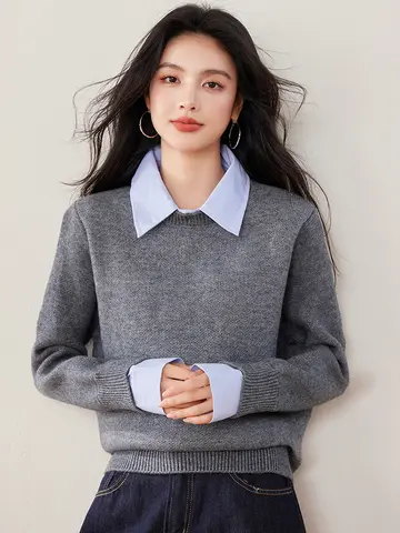 Fashion Simplicity Women Sweaters Autumn New Fake Two Pieces Shirts Patchwork Sweater Casual Long Sleeve Knitted Tops