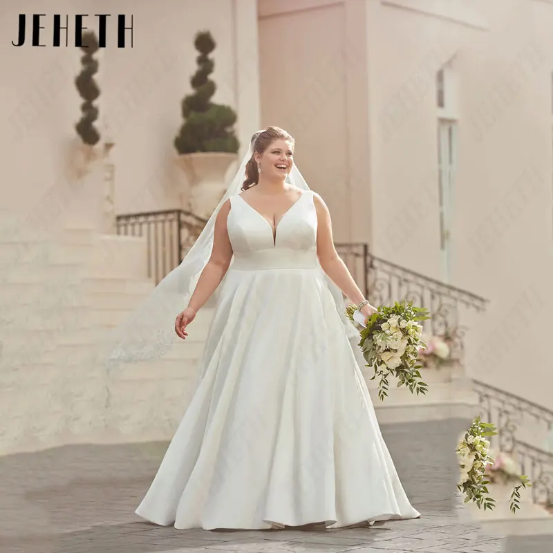 

JEHETH V-Neck Spaghetti Straps Wedding Dresses Plus Size Satin A-Line Classic Bridal Gowns Sleeveless Simple Vestido De Mariages