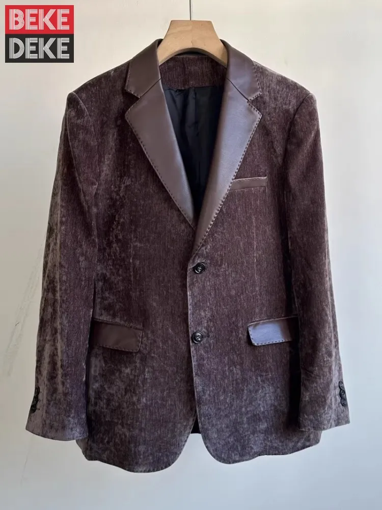 

Осенний винтажный деловой мужской повседневный пиджак, приталенный однобортный бархатный рабочий костюм из искусственной кожи, пальто, верхняя одежда, топ