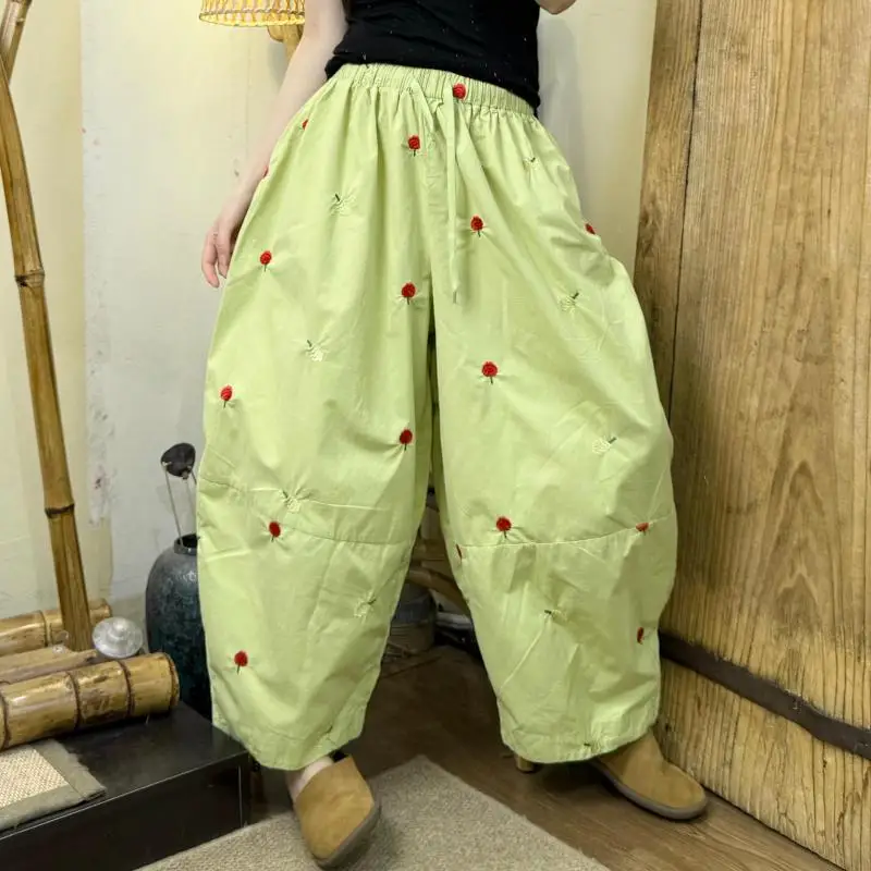 New Summer Arts Style Women Elastic Waist Cotton Wide Leg Pants Fruit Embroidery Loose Casual Ankle-length Pants Good Quality