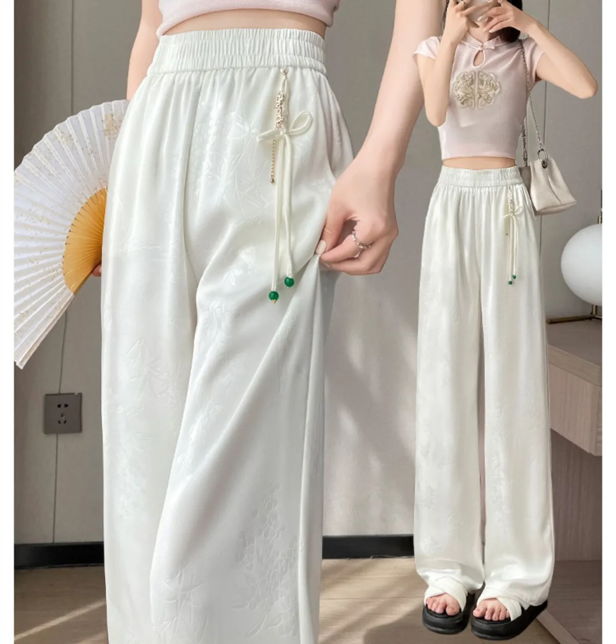 الصيف الساتان الجاكار الملابس الصينية بنطال ذو قصة أرجل واسعة النساء فضفاضة عالية الخصر السراويل امرأة قيعان موضة بناطيل سيدات غير رسمية