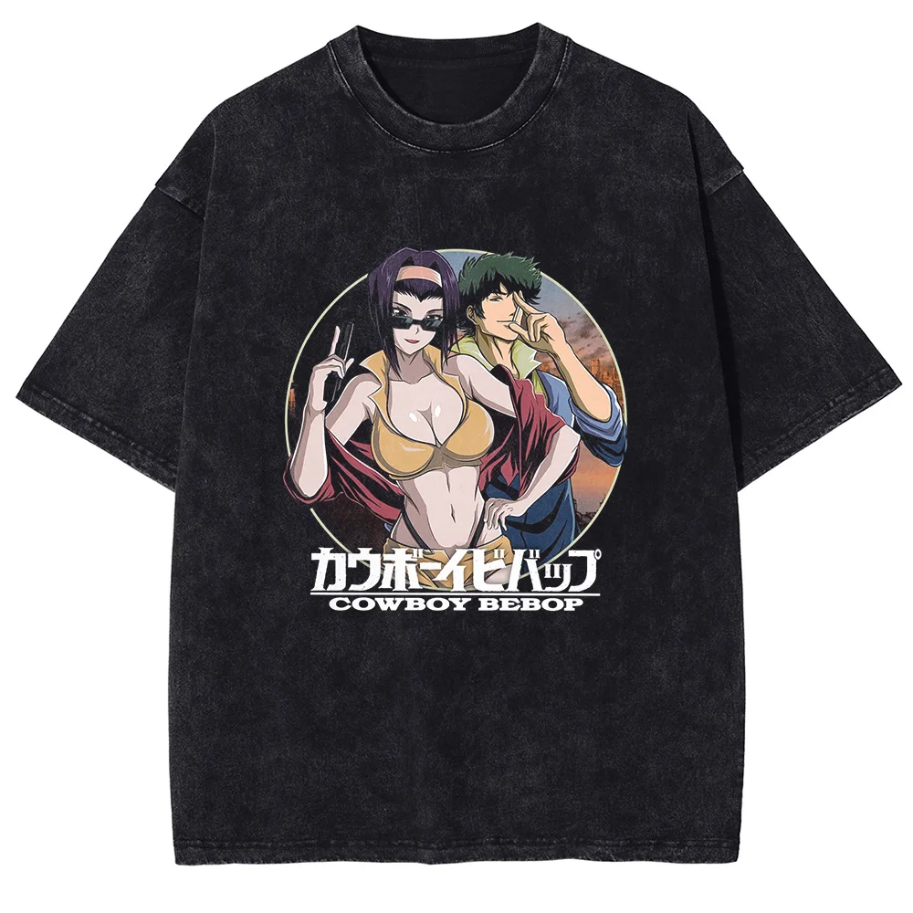 Anime Cowboy Bebop Spike Spiegel Faye Valentine Print Washed T-shirt Men Casual Cotton Tshirts Manga Tee Harajuku Male T Shirt