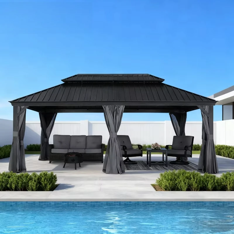 

Double Metal Roof Outdoor Furniture Pavilion Gazebo Hardtop Aluminum Frame Permanent Mosquito Netting Canopy Pergola Modern