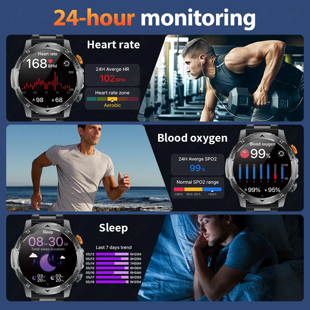 LIGE ساعة ذكية عسكرية جديدة للرجال BT Call AMOLED Smartwatch معدل ضربات القلب الأكسجين في الدم مراقبة النوم الرياضة اللياقة البدنية Smartwatches الرجال