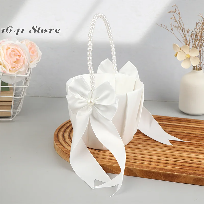 NEW1Pc Pearl Handle Flower Basket Bow Satin White Western Rustic Bowknot Wedding Flower Basket For Floral Petals