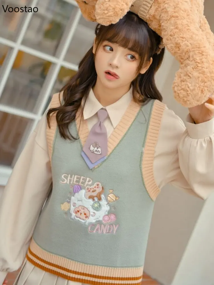 Japanese Fashion Cute Cartoon Embroidery Knitted Vest Spring Autumn Women Kawaii Sleeveless JK Sweater Girls Sweet Waistcoat