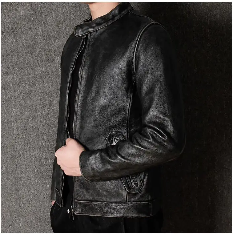 Chaqueta casual de cuero vacuno de la mejor marca CC Shop, ropa de cuero genuino natural para hombre. Abrigo de cuero estilo motero vintage. Estilo informal y sencillo.