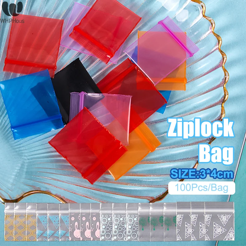 Sac d'emballage en plastique imprimé dessin animé, sac ziplock, sac d'emballage de pilule, sac épais, sac de joint de poudre médicinale, sac de bijoux, 3x4cm, 100 pièces