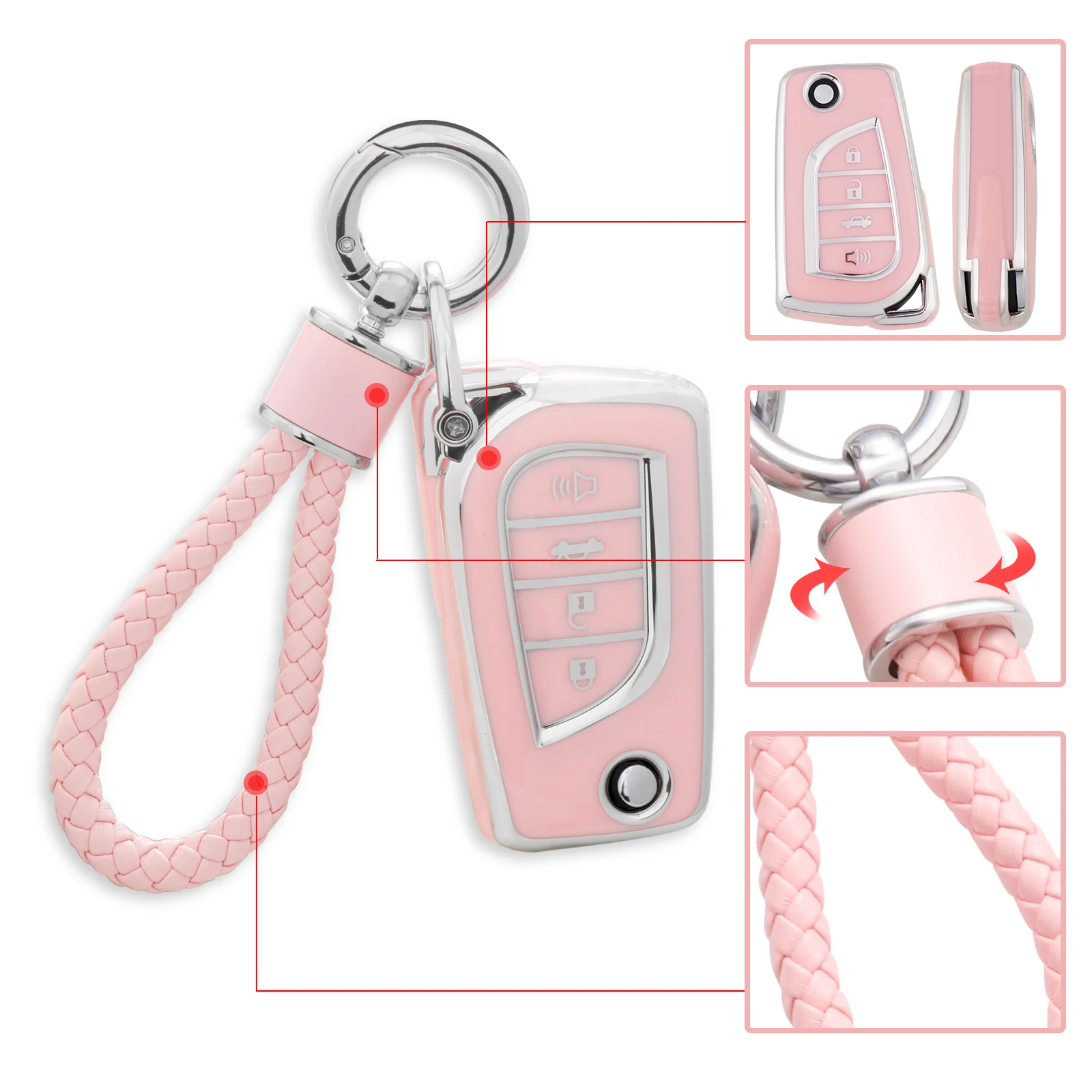 for Toyota Key Fob Cover with Keychain, Pink Soft TPU Key Case Protection Shell Fit for Toyota Fortuner Tundra Camry RAV4 Highla