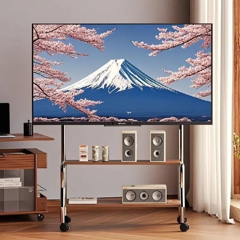 حامل تلفزيون متنقل فاخر من الفولاذ المقاوم للصدأ والخشب عربة تلفزيون متدحرجة مع عجلات قابلة للقفل لأجهزة التلفاز مقاس 32-75 بوصة في المنزل الراقية