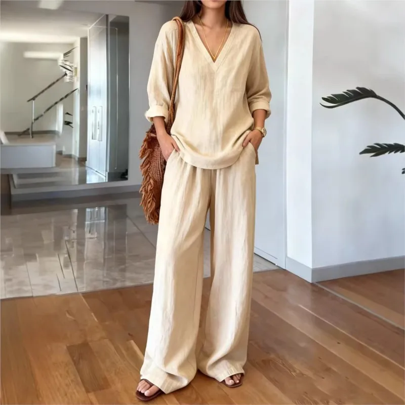 

New Fashion 2 Piece Set for Women Spring Long-sleeved V-neck shirt Top+Wide-leg Trousers Casual Loose Vacation Pants Suit Female