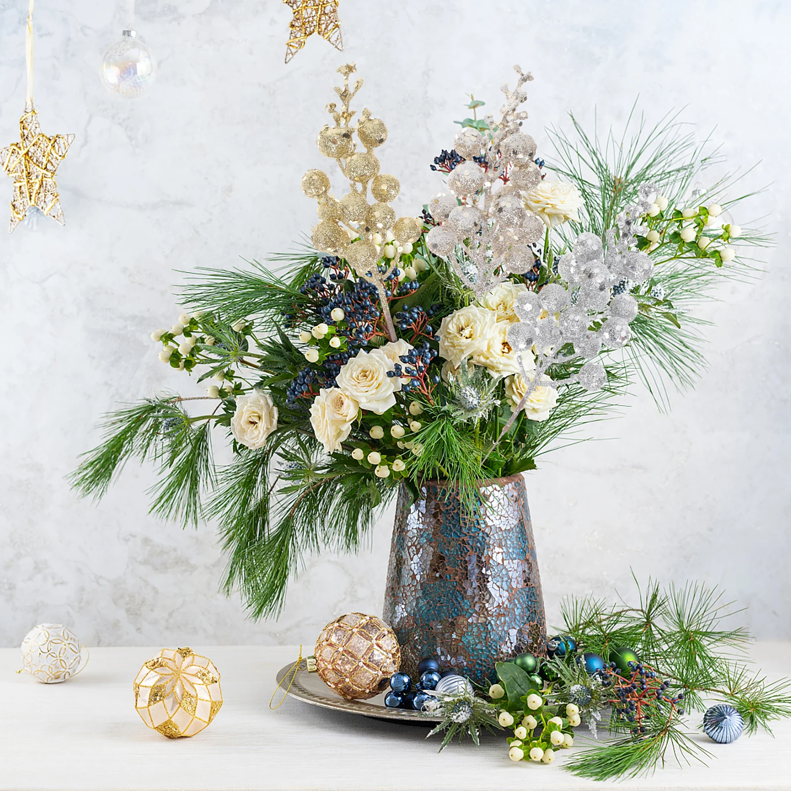

12pcs Christmas Tree Decorations Artificial Berry Branches Foam Plants Stems Imitation Berries Twig Xmas Supplies Wreath Fake