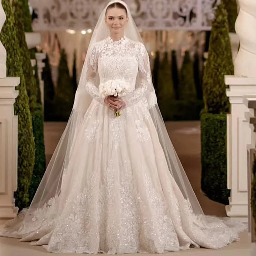 

Formal O-Neck Long Sleeves Bridal Gowns Exquisite Appliques Sequined Wedding Dress Customized A-Line Tulle Vestido De Novia