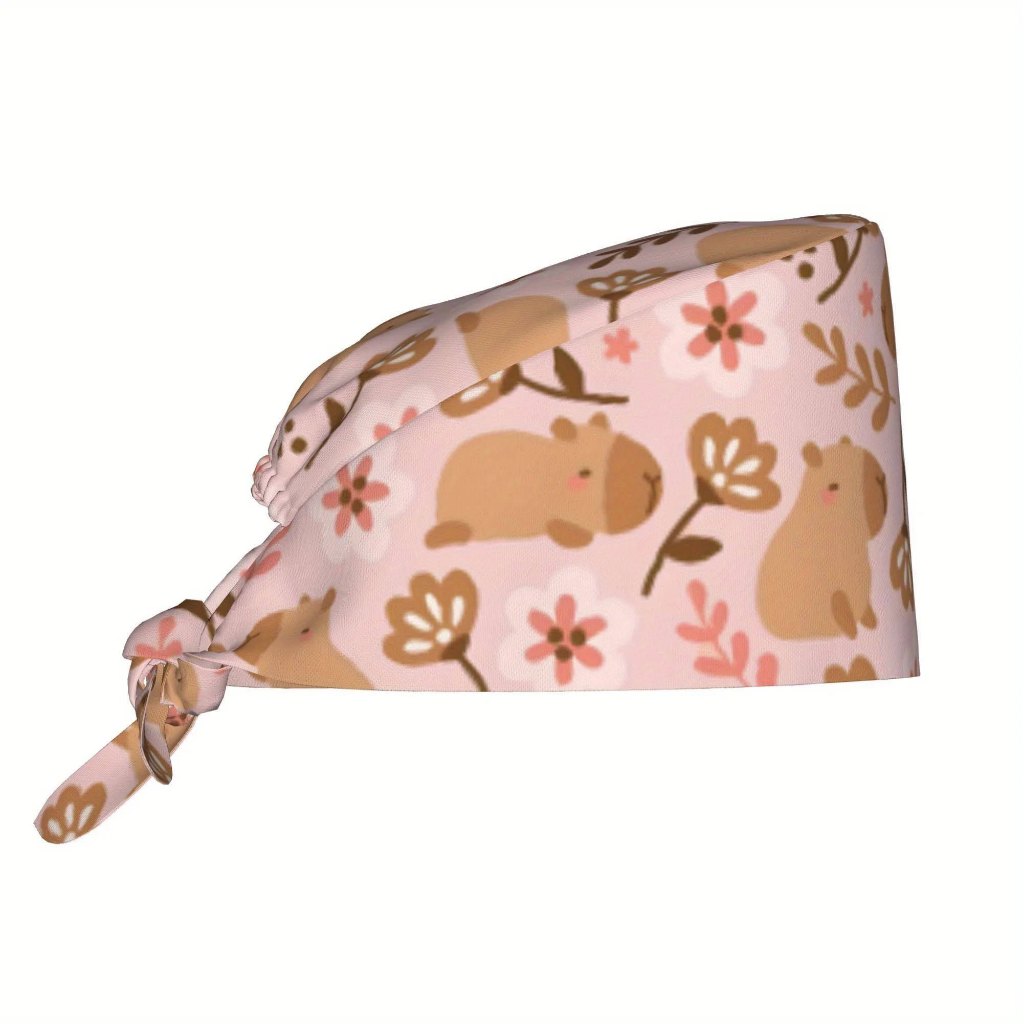 Cute Cartoon Capybara Floral Print Scrub Cap Pink Base Wildflower Pattern Hat Adjustable Tie-back Medical Work Cap