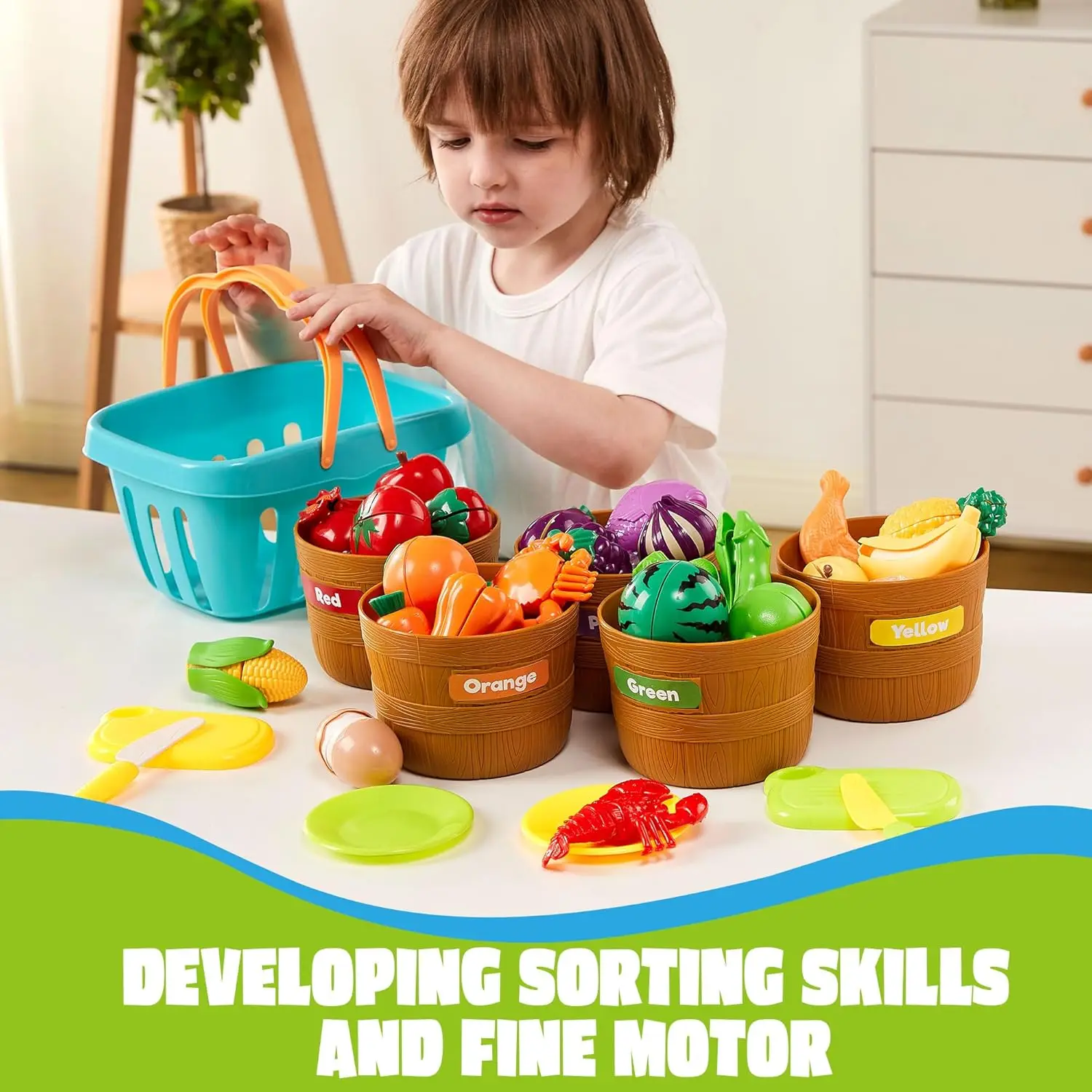 

Simulation Kitchen Pretend Play Food Toy Cutting Fruit Vegetable Shopping Basket Color Sorting Game Kids Educational Gift